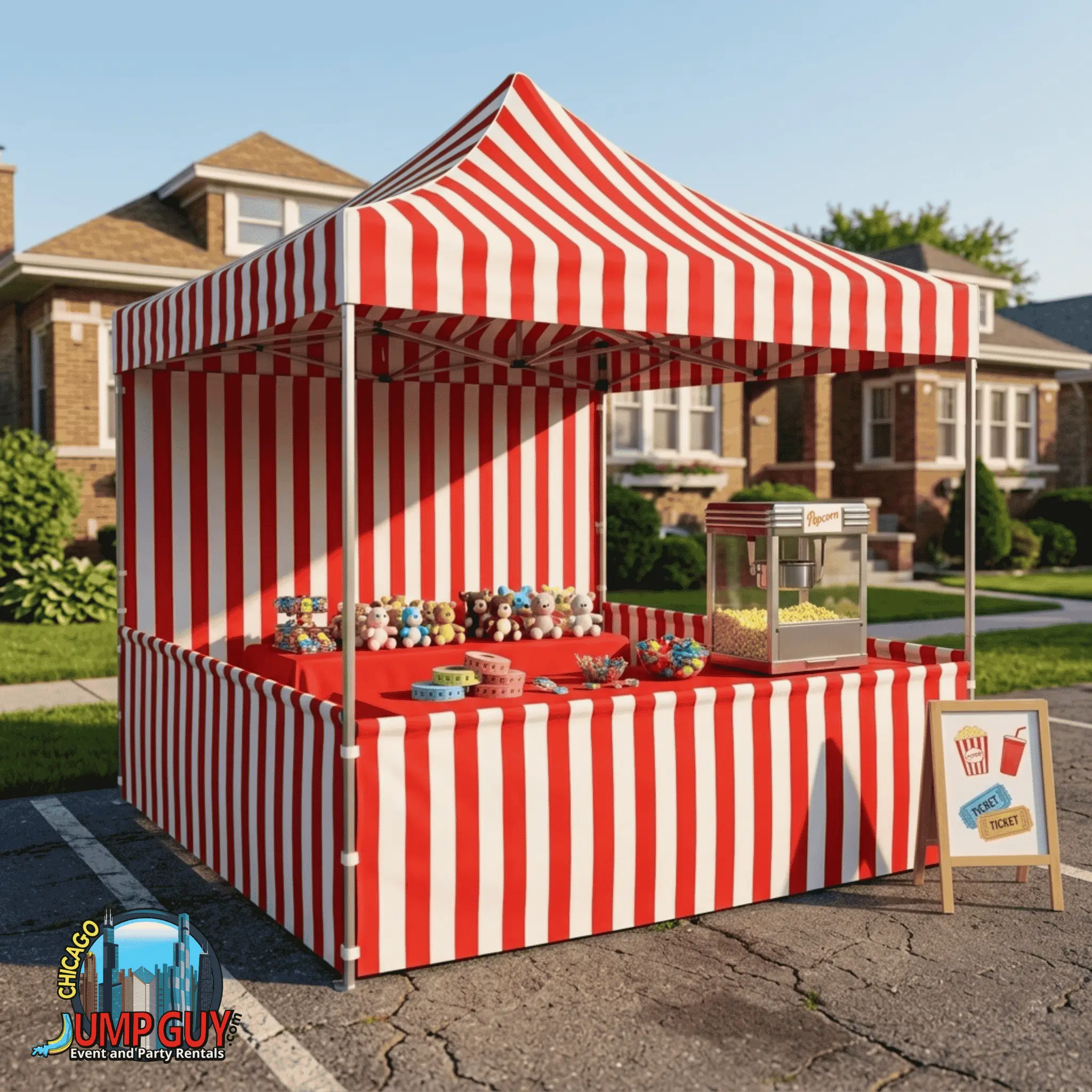 10x10 carnival tent booth rental with red and white striped design for games vendors and events in Elmhurst IL