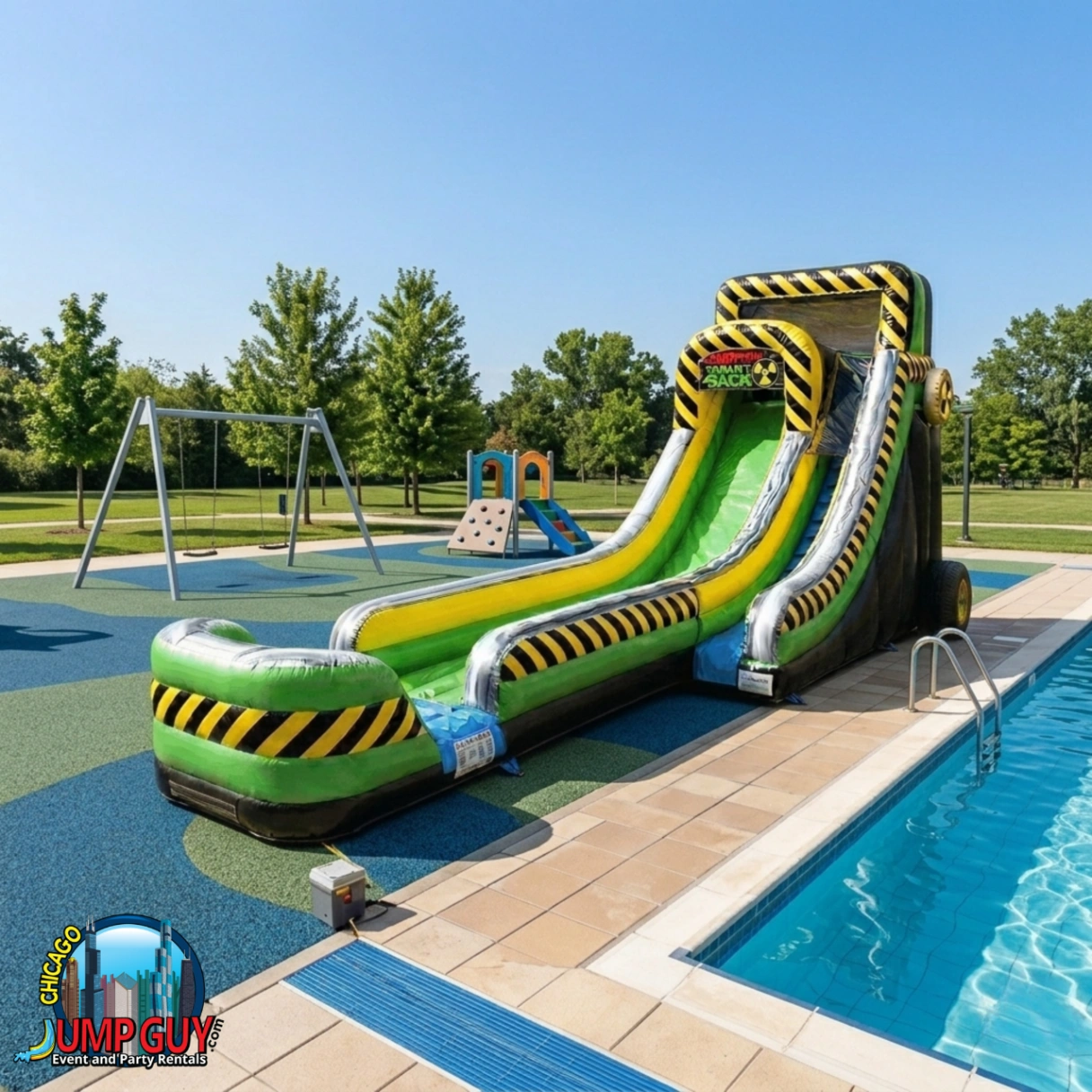 20ft Caustic Drop water slide with foam machine rental featuring tall inflatable slide and foam party fun in Elmhurst IL