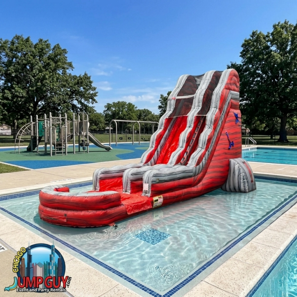 22ft Red Rock Falls dual lane water slide rental with tall inflatable racing slides for kids and teens parties in Elmhurst IL