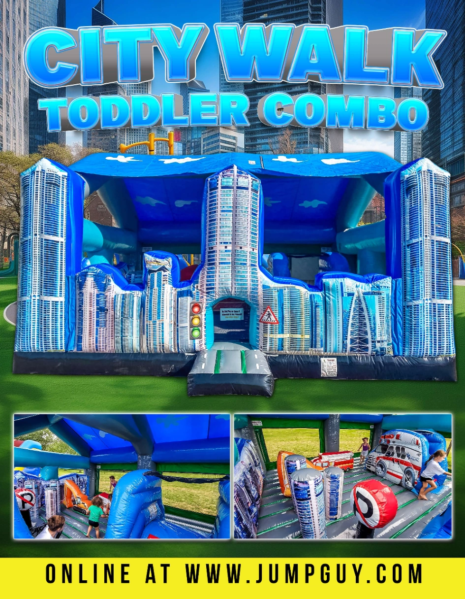 City Walk toddler bounce house rental with interactive city theme design for kids birthday parties in Elmhurst IL