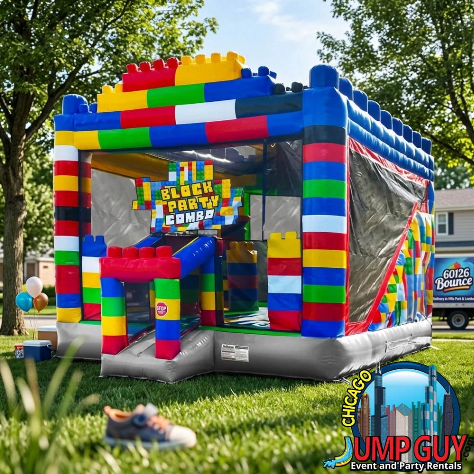 block party bounce house slide combo rental with colorful inflatable design for kids birthday parties and events in Elmhurst IL