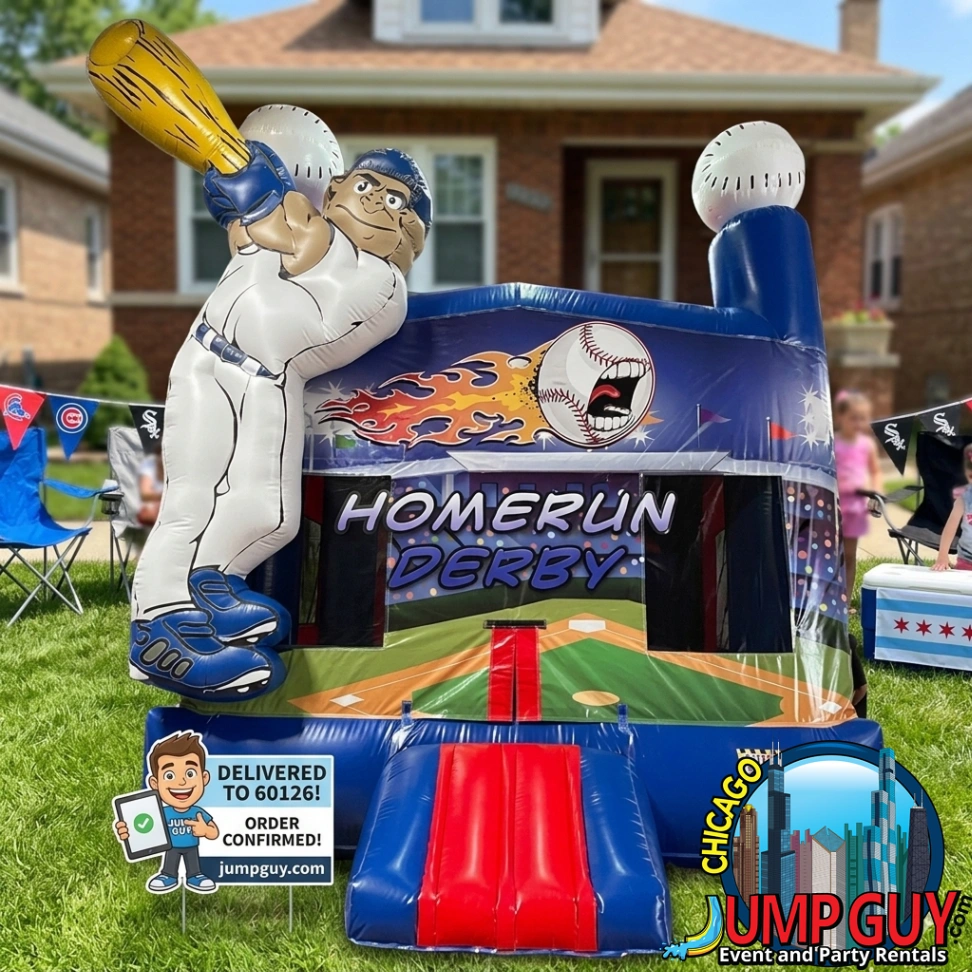 Chicago baseball themed bounce house rental with sports design for kids birthday parties and events in Elmhurst IL