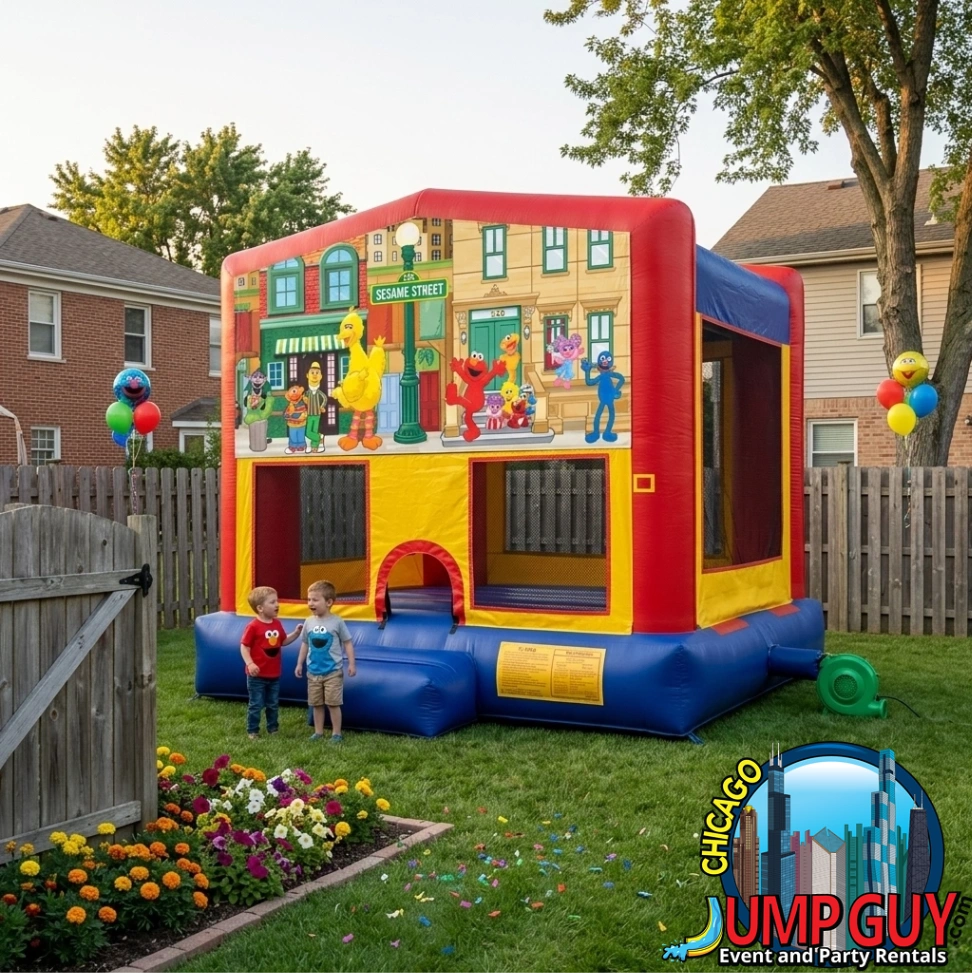 Sesame Street bounce house rental with Elmo and colorful characters for kids birthday parties in Elmhurst IL