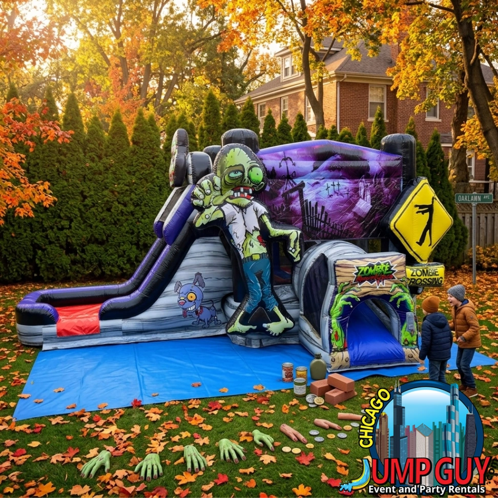 zombie bounce house combo rental with spooky inflatable slide for kids and teens Halloween parties in Elmhurst IL